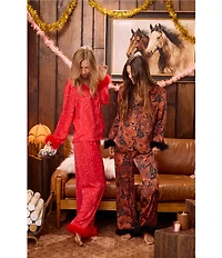 Room Service Woven Satin Sequin Print Long Sleeve Notch Collar Feather Trim Pajama Set
