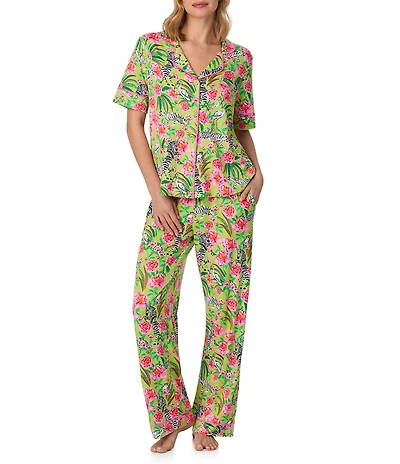 Room Service Zebra Oasis Print Short Sleeve Notch Collar Long Jersey Knit Pajama Set