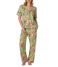 Room Service Zebra Oasis Print Short Sleeve Notch Collar Long Jersey Knit Pajama Set