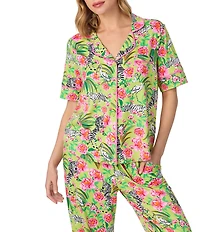 Room Service Zebra Oasis Print Short Sleeve Notch Collar Long Jersey Knit Pajama Set