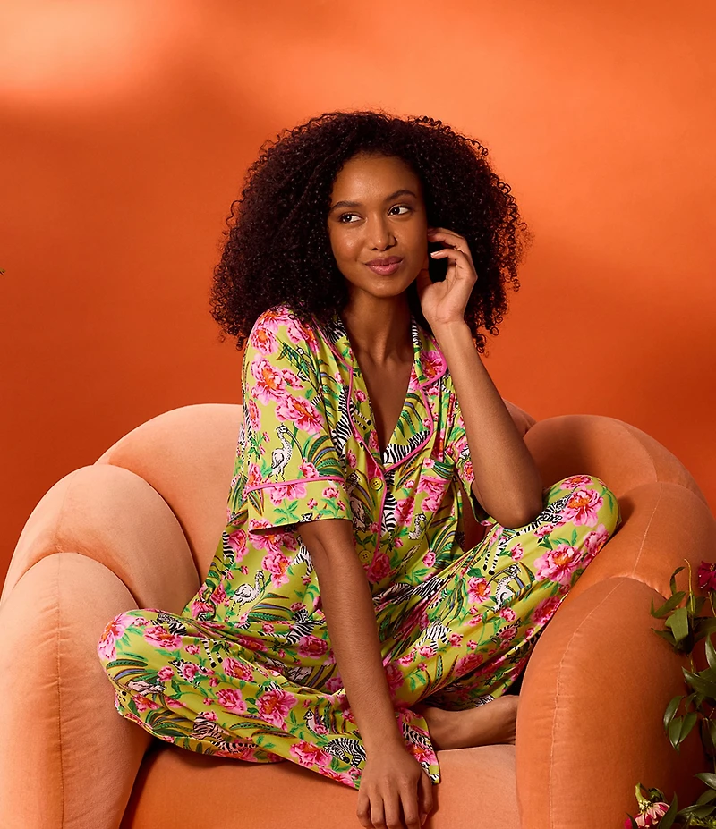 Room Service Zebra Oasis Print Short Sleeve Notch Collar Long Jersey Knit Pajama Set