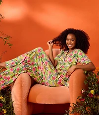 Room Service Zebra Oasis Print Short Sleeve Notch Collar Long Jersey Knit Pajama Set