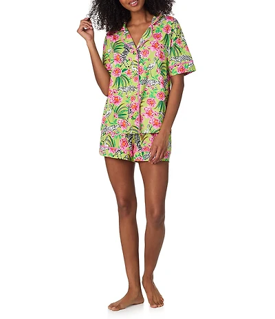 Room Service Zebra Oasis Short Sleeve Notch Collar Cozy Jersey Knit Shorty Pajama Set