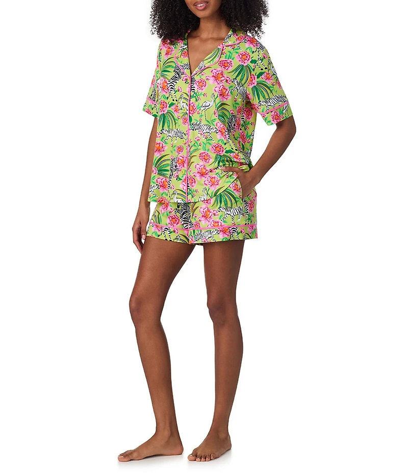 Room Service Zebra Oasis Short Sleeve Notch Collar Cozy Jersey Knit Shorty Pajama Set