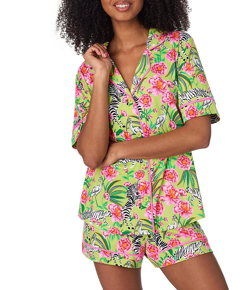 Room Service Zebra Oasis Short Sleeve Notch Collar Cozy Jersey Knit Shorty Pajama Set