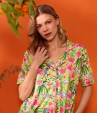 Room Service Zebra Oasis Short Sleeve Notch Collar Cozy Jersey Knit Shorty Pajama Set