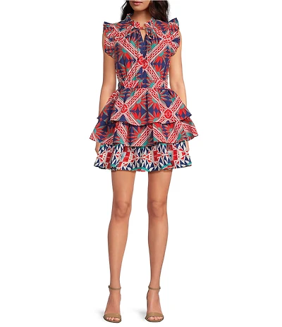 Ro's Garden Bimba Woven Printed Split Tie Neck Flutter Sleeve Tiered Mini Dress