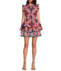 Ro's Garden Bimba Woven Printed Split Tie Neck Flutter Sleeve Tiered Mini Dress