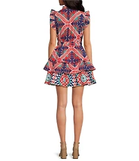 Ro's Garden Bimba Woven Printed Split Tie Neck Flutter Sleeve Tiered Mini Dress