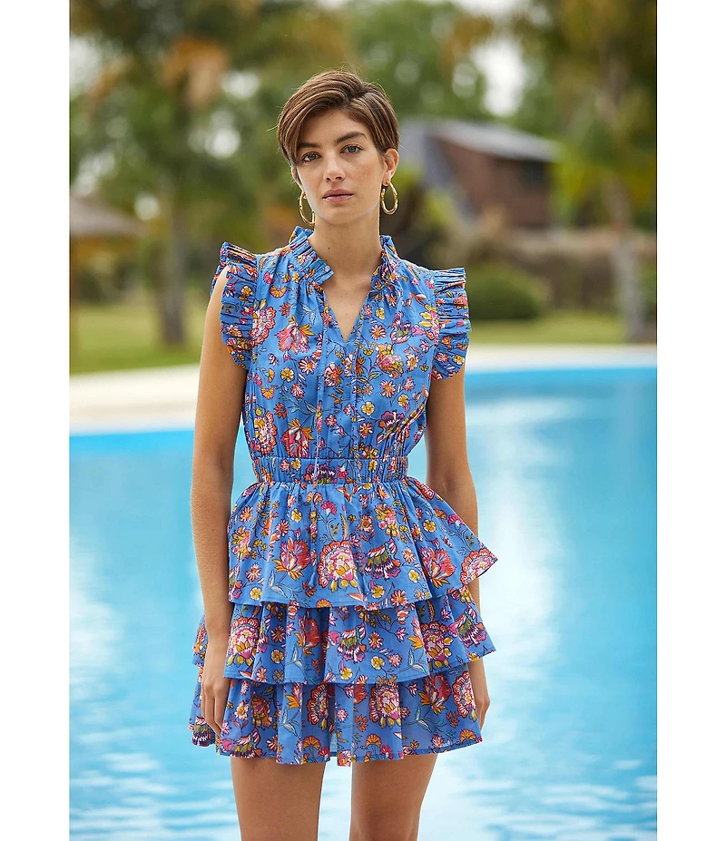 Ro's Garden Bimba Woven Floral Print Split Tie Neck Flutter Sleeve Tiered Mini Dress