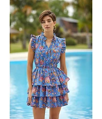 Ro's Garden Bimba Woven Floral Print Split Tie Neck Flutter Sleeve Tiered Mini Dress