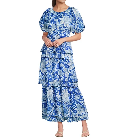 Ro's Garden Chicago Floral Printed Round Neck Short Puff Sleeve Tiered Maxi Dress