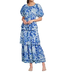 Ro's Garden Chicago Floral Printed Round Neck Short Puff Sleeve Tiered Maxi Dress