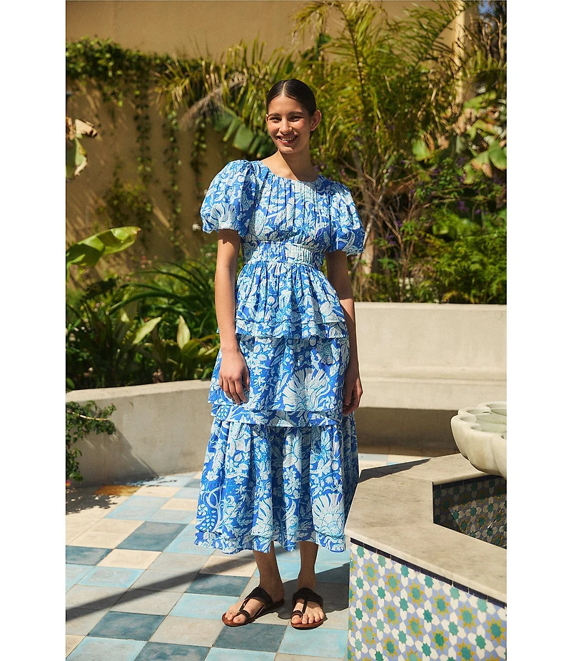 Ro's Garden Chicago Floral Printed Round Neck Short Puff Sleeve Tiered Maxi Dress