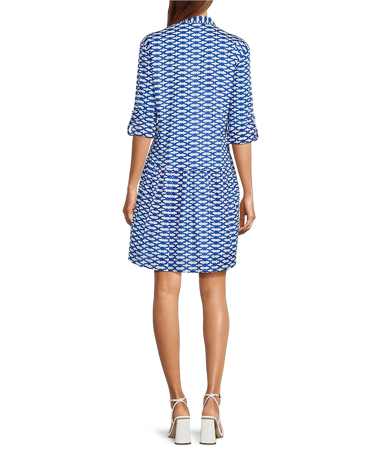 Ro's Garden Deauville Capri Print Collar Neck 3/4 Sleeve Button Front Dress