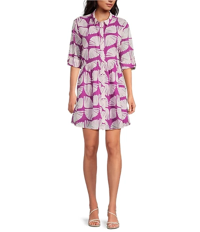 Ro's Garden Deauville Kyle Print Point Collar 3/4 Roll-Tab Sleeve Button Front Dress