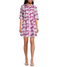 Ro's Garden Deauville Kyle Print Point Collar 3/4 Roll-Tab Sleeve Button Front Dress