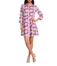 Ro's Garden Deauville Kyle Print Point Collar 3/4 Roll-Tab Sleeve Button Front Dress