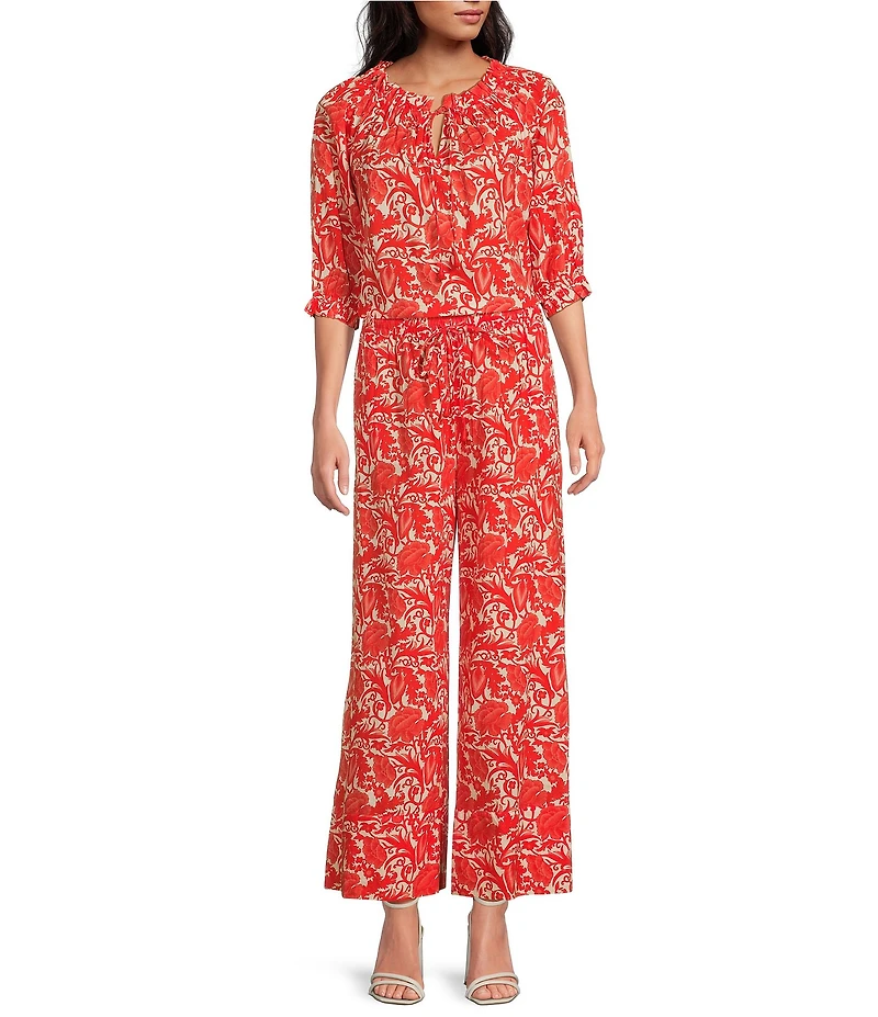Ro's Garden Havana Woven Floral Print Round Ruffle Tie Neck 3/4 Puff Sleeve Blouse