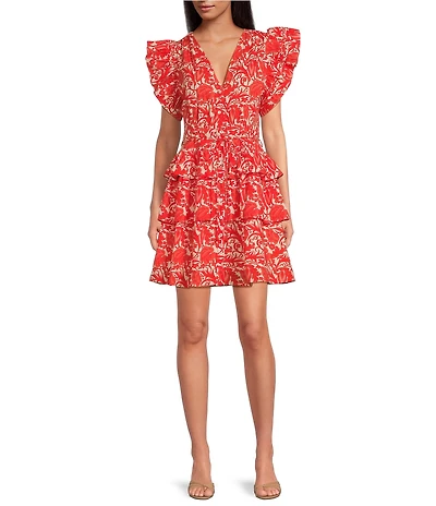 Ro's Garden Hunan Woven Floral Print V-Neck Flutter Sleeve Tie Waist Dress