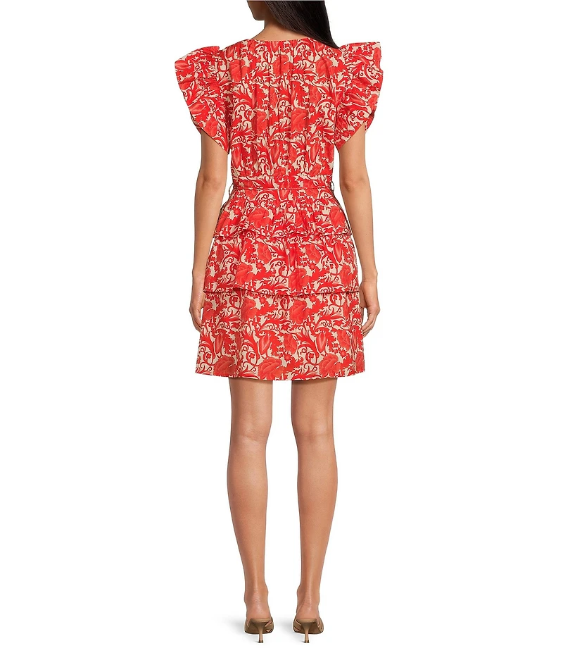 Ro's Garden Hunan Woven Floral Print V-Neck Flutter Sleeve Tie Waist Dress