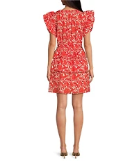 Ro's Garden Hunan Woven Floral Print V-Neck Flutter Sleeve Tie Waist Dress