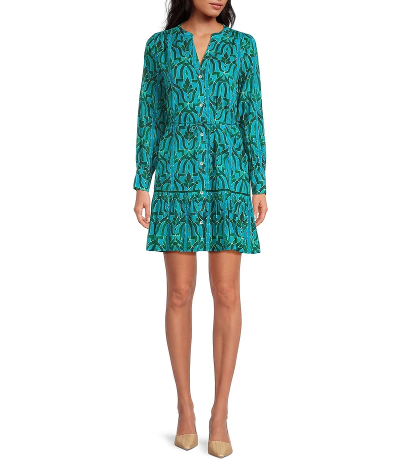 Ro's Garden Ines Soraya Print V-Neck Long Sleeve Button Front Mini Dress