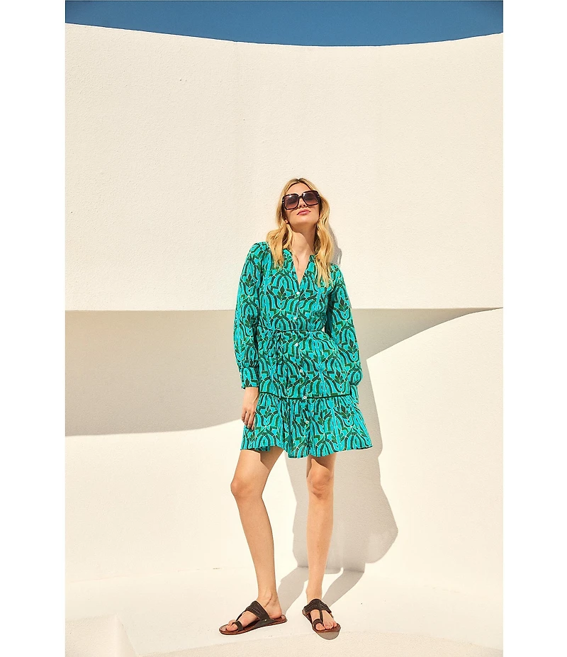 Ro's Garden Ines Soraya Print V-Neck Long Sleeve Button Front Mini Dress