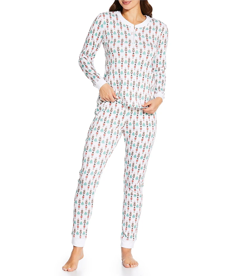Ro's Garden Long Sleeve Henley & Jogger Knit Nutcracker Print Holiday Pajama Set