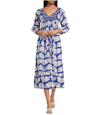 Ro's Garden Lulu Printed Woven V-Neck Long Sleeve Midi Dress