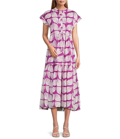 Ro's Garden Mumi Kyle Print Mandarin Collar Short Sleeve Button Front Midi Dress