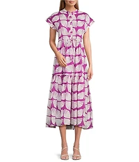 Ro's Garden Mumi Kyle Print Mandarin Collar Short Sleeve Button Front Midi Dress