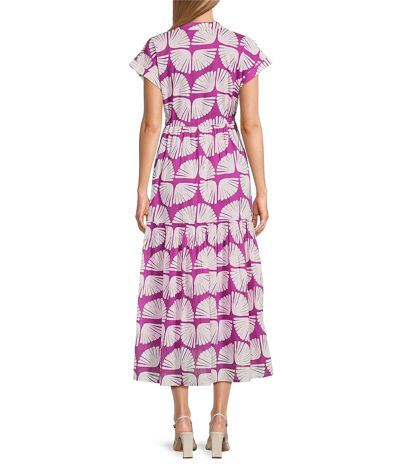 Ro's Garden Mumi Kyle Print Mandarin Collar Short Sleeve Button Front Midi Dress