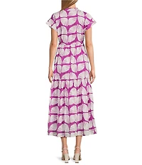 Ro's Garden Mumi Kyle Print Mandarin Collar Short Sleeve Button Front Midi Dress