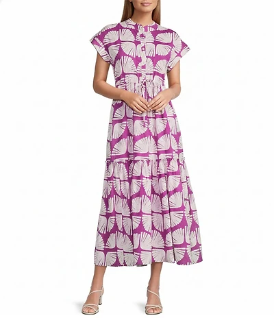 Ro's Garden Mumi Kyle Print Mandarin Collar Short Sleeve Button Front Midi Dress