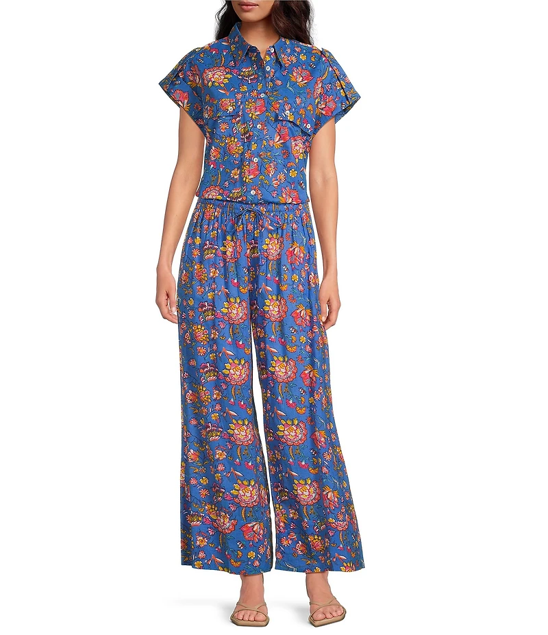 Ro's Garden Nico Woven Floral Print Tie Waist Pull-On Pants