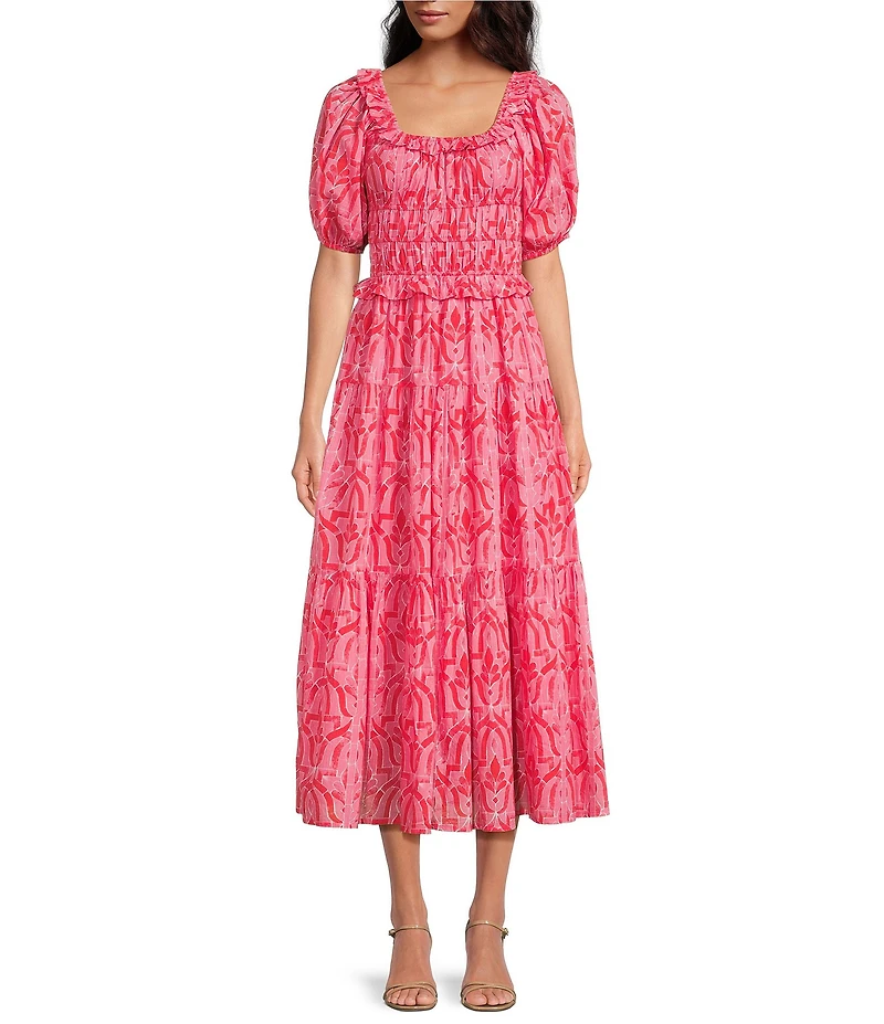Ro's Garden Percy Soraya Print Scoop Neck Puff Sleeve Midi Dress