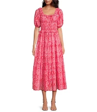 Ro's Garden Percy Soraya Print Scoop Neck Puff Sleeve Midi Dress