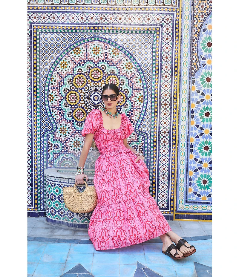 Ro's Garden Percy Soraya Print Scoop Neck Puff Sleeve Midi Dress