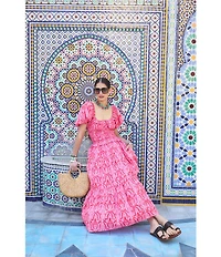 Ro's Garden Percy Soraya Print Scoop Neck Puff Sleeve Midi Dress