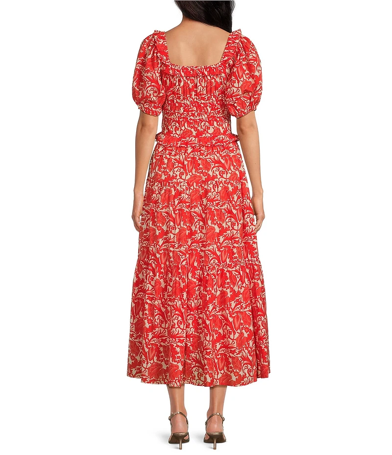 Ro's Garden Percy Woven Floral Print Scoop Neck Short Puff Sleeve Midi Dress