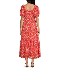 Ro's Garden Percy Woven Floral Print Scoop Neck Short Puff Sleeve Midi Dress