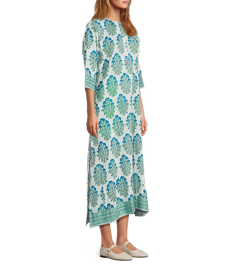 Ro's Garden Raha Blue Round Neck 3/4 Sleeve Classic Long Kurta Midi Dress