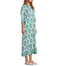 Ro's Garden Raha Blue Round Neck 3/4 Sleeve Classic Long Kurta Midi Dress