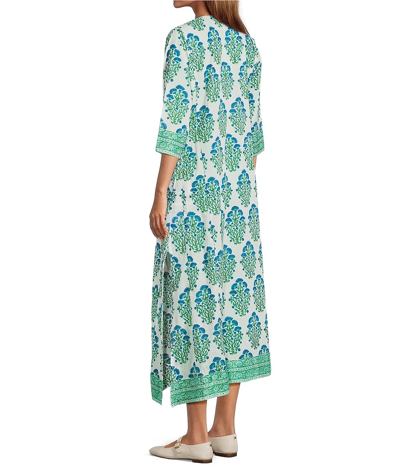 Ro's Garden Raha Blue Round Neck 3/4 Sleeve Classic Long Kurta Midi Dress