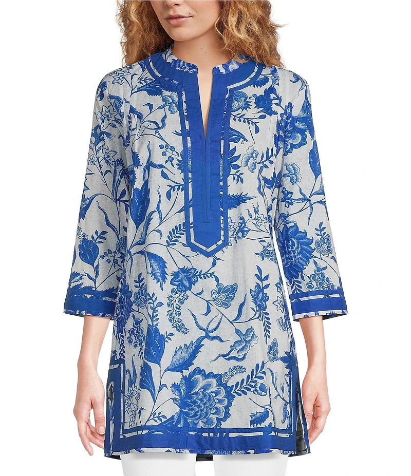 Ro's Garden Tokyo Printed Mandarin Collar 3/4 Sleeve Tunic