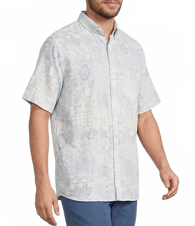 Roundtree & Yorke Big & Tall Short Sleeve Patchwork Print Linen Blend Sport Shirt