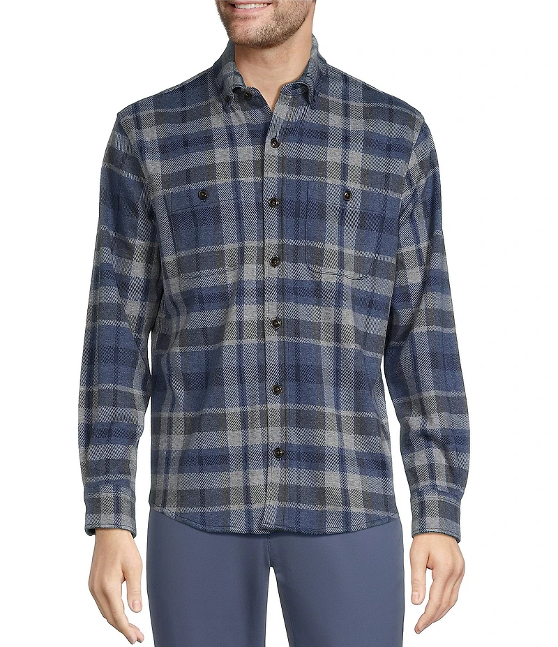 Roundtree & Yorke Long Sleeve Button Down Collar Large Plaid Knit Button-Front Shirt
