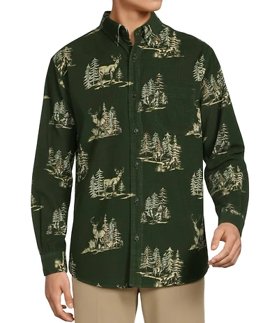 Roundtree & Yorke Long Sleeve Deer Print Corduroy Sport Shirt
