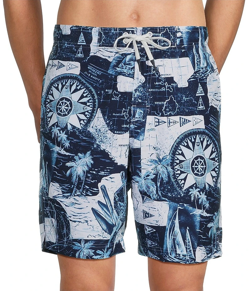 Roundtree & Yorke Nautical Scene 9#double; Inseam Swim Trunks